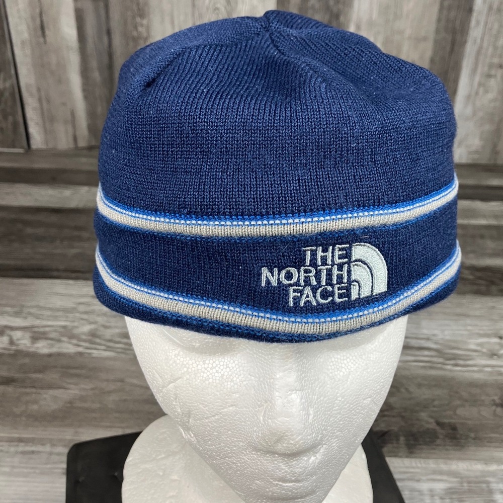 The North Face Navy Blue Striped Knit Beanie Fleece Lined Skull Cap Logo